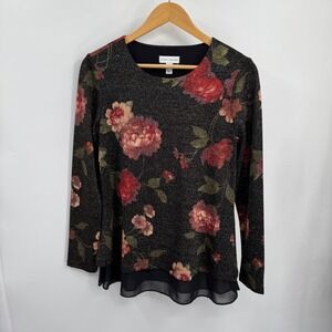 Susan Graver Womens Top XS Black Floral Metallic Layered Chiffon Hem Long Sleeve